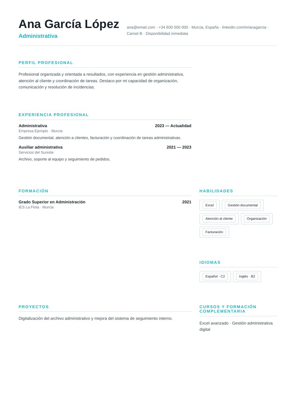 Vista previa del ejemplo de CV Recursos Humanos
