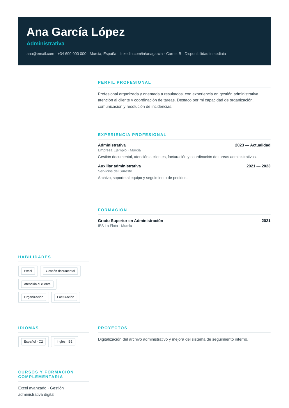Vista previa del ejemplo de CV Atención al Cliente
