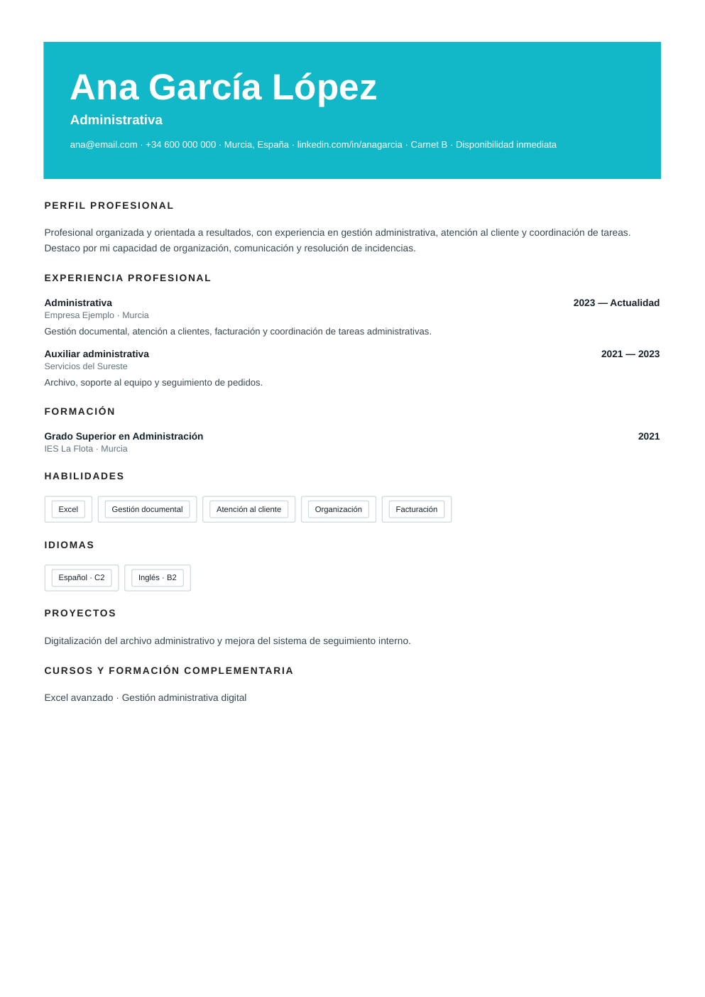 Vista previa del ejemplo de CV Emprendedor