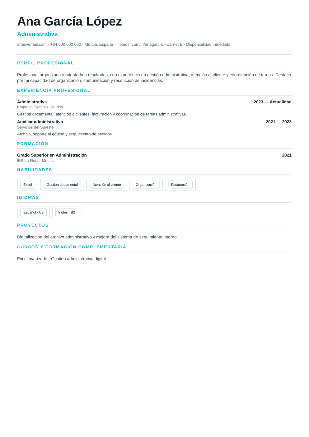 Vista previa del ejemplo de CV Una Página ATS