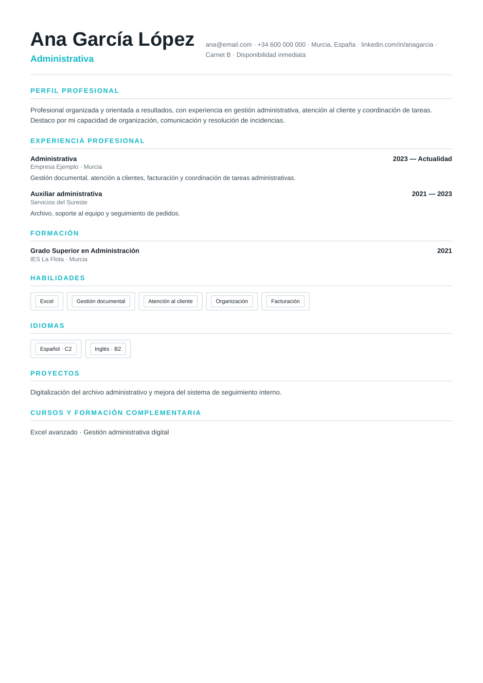 Vista previa del ejemplo de CV Prácticas