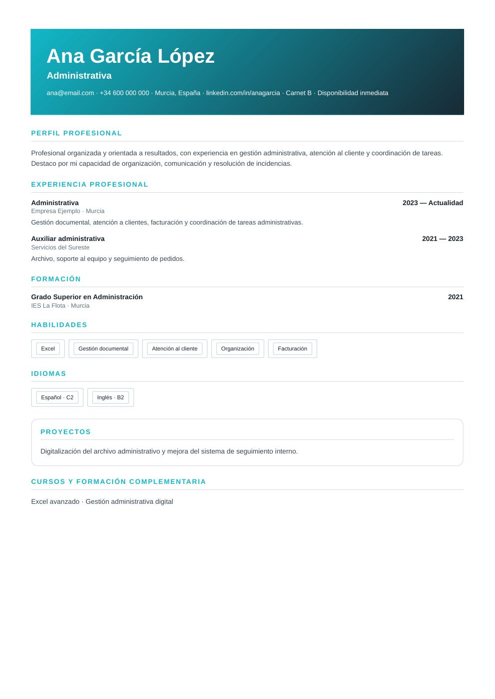 Vista previa del ejemplo de CV Freelance