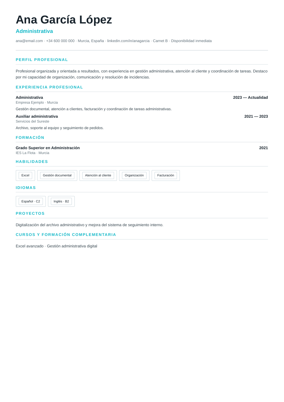 Vista previa del ejemplo de CV Una Página ATS