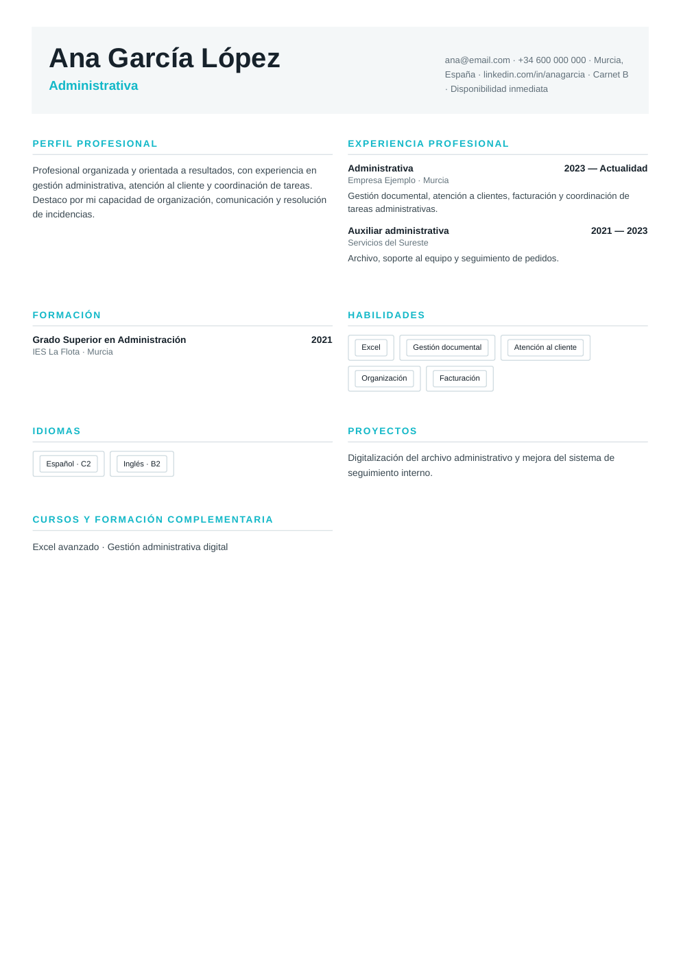 Vista previa del ejemplo de CV Dos Columnas